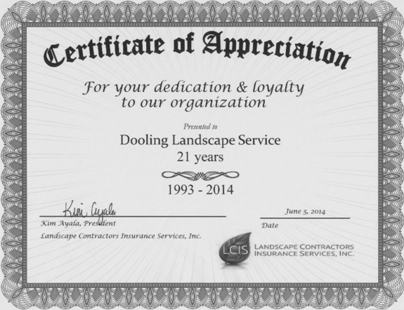 Certification of Appreciation - Dooling Landscape Service